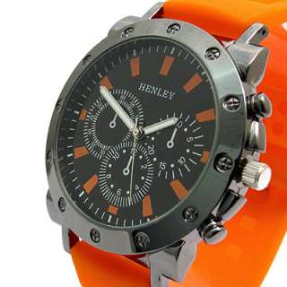 Henley Mens BIG Watch Silicone strap Orange Strap and Markers 259OR 