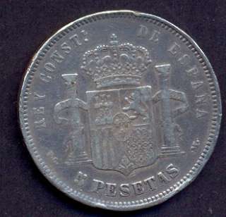 SPAIN SILVER COIN, 5 PESETAS,1891,  