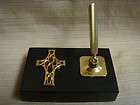 new black marble desk pen stand w gold cross emblem