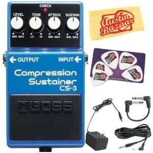 Boss CS 3 Compressor/Sustainer Pedal Bundle with AC Adapter, 10 Foot 