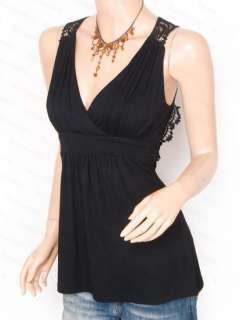 Black Cross Bust Ruched Embroidery Back Tank Top L  