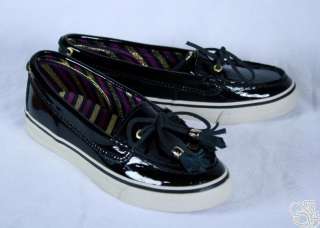   Top Sider Nassau Black Patent Leather Womens Boat Shoes New  