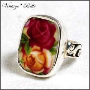 Broken China Jewelry Old Country Roses Sterling Ring 8  