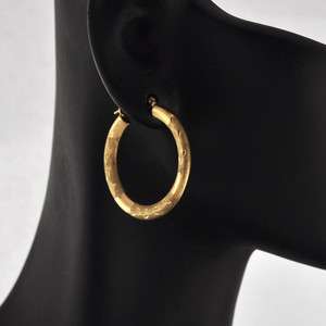 Beautiful 14K FINE GOLD HOOP EARRINGS Hand Chase Design 1 or 25 mm in 