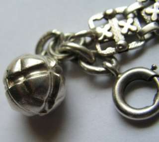 ANTIQUE FRENCH SILVER CLOVER CHARM BRACELET w BALL FOB  