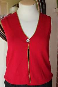   Cosy Red Silk Cashmere Sweater Vest With Bright Green Trim L  