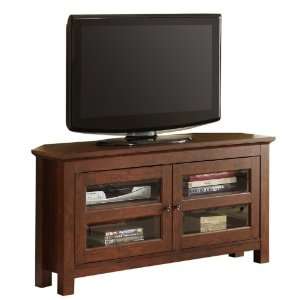  TV Console with Glass Doors in Brown Finish: Home 