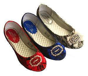   Toe Slip on Ballet Flats Shoes Stones Lace Red Blue Silver 6 10  