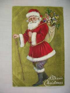   EMBOSSED CHRISTMAS POSTCARD SANTA WITH WALKING STICK AND TOYS 1910