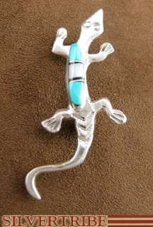 Navajo Turquoise Jet Mother of Pearl Silver Lizard Pin  