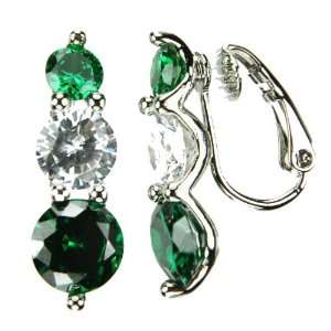   Snowman Earrings, Emerald Colored & Diamond Colored CZs, Clip Jewelry
