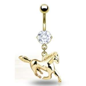   Gold Plated Running Horse Belly Button Navel Ring Dangle with Clear Cz