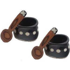 Olive Wood & Bone Inlay Small Spice Bowl & Spoon Dots 2 Set (Kenya 