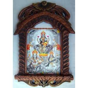 Goddess Laxmi with Lord Ganesha & Goddess Saraswati poster painting in 