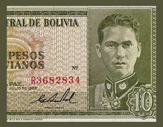 10 PESOS BOLIVIANOS Note of BOLIVIA 1962   BUSCH   UNC  