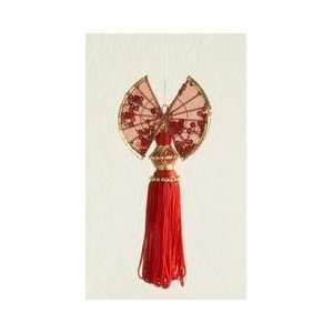  Asian Fusion Red Oriental Double Hand Fan with Tassesl 