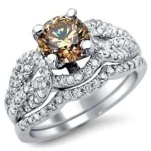  1.55ct Brown Round Diamond Engagement Ring Wedding Set 14k 