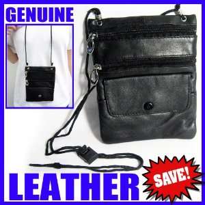 Leather Travel Neck Pouch Holder Passport Id Wallet Black Security Bag 