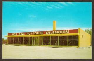 This is a chrome postcard of the Red Wing Potteries Showroom building 