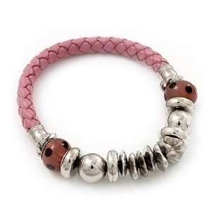  Silver Tone Metal Bead Pink Leather Flex Bracelet   up to 