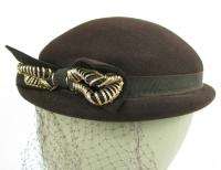 Vintage Ladies Brim Hat Cloche Brown Wool Netting Bow  