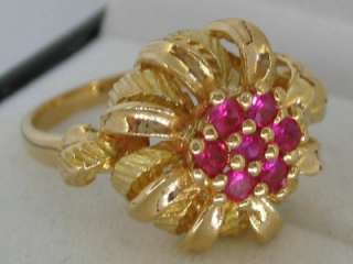 FLORAL STYLE SOLID 14CT YELLOW GOLD RUBY DRESS RING  