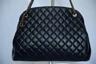CHANEL Navy Quilted LAMBSKIN+CC Logo Charms Chain Tote Bag Handbag 