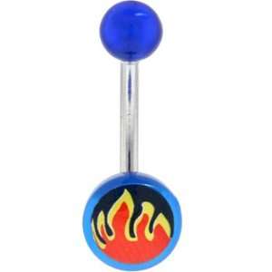  Blue Acrylic Red Flame Logo Belly Button Ring Jewelry