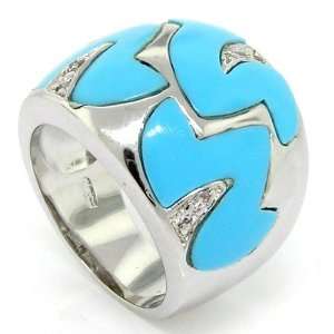  Large Band/Cocktail Ring w/ Turquoise & White CZs, 9 