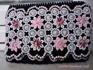  Purse With White off Vintage Crocheted Doily And Pink Flowers  