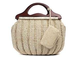 Designer Ladies Crocheting Wood Handle Bag Beige  
