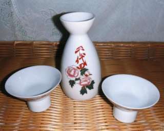 Vintage 3 pc. Porcelain Saki Set White with Florals  