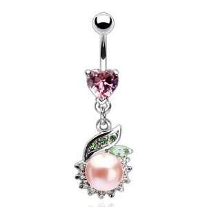 Stainless Steel Heart Shape Prong Set 8mm Pink Coated Pearl Cz Dangle 
