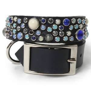  Mix Stones on Navy Leather Dog Collar 22 : Pet Supplies