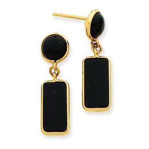  14k Yellow Gold Onyx Rectangle Dangle Post Earrings 