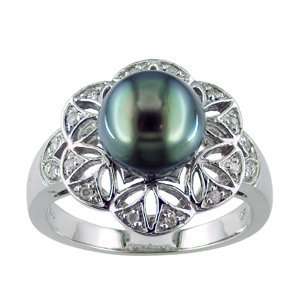 Sterling Silver Diamond Flower Lattice Ring with Black Akoya Pearl 