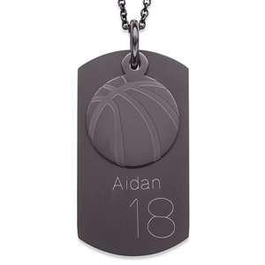    Black Stainless Steel Basketball Engraved Dog Tag Necklace Jewelry