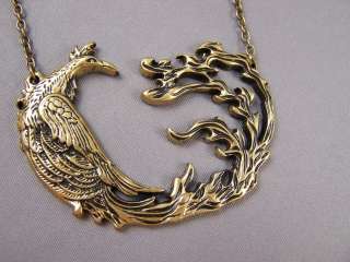 Rising Phoenix Bird Fire Flame Tail Re Birth Necklace Antiqued Gold 