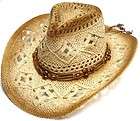 Ladies Womans Cap Medium Brim Crochet Cowboy Straw Hat with Strap