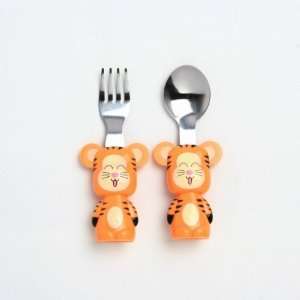 18/0 Stainless Steel Spoon and Fork with Small Tiger Design Plastic 