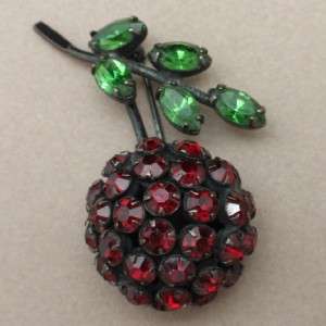 Warner Fruit Pin Vintage Rhinestones Cherry Japanned Brooch  