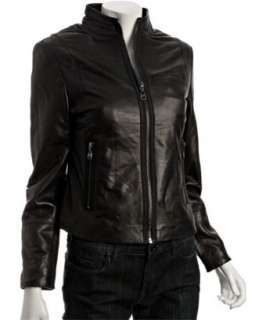 Marc New York black leather standing collar zip front jacket   
