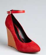 Celine red suede ankle strap colorblock wedge pumps style# 318965801