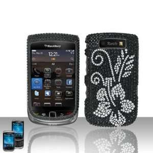 Blackberry Torch 9800 Full Diamond Bling Black Flowers Hard Case Snap 