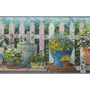  Blue and Green Floral Pots Wallpaper Border Kitchen 