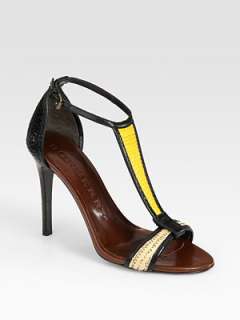 Burberry   Raffia and Leather Colorblock T Strap Sandals   Saks 