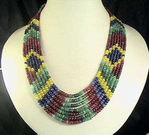 NATURAL 585Cts RUBY EMERALD & SAPPHIRE NECKLACE 7 STRAND  