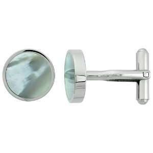   Steel Round Shape Cufflinks w/ Natural Mother of Pearl Inlay, 5/8 in