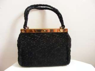 Vintage 1940s 50s Black CRUSHED Velvet Carpetbag Handbag Purse  