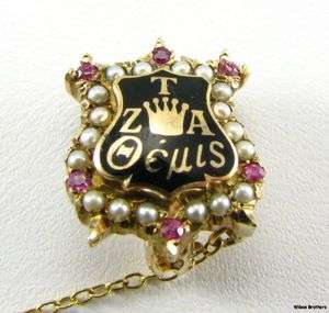 Zeta Tau Alpha Badge   10k Yellow Gold ZTA Sorority Pin Genuine Pearls 